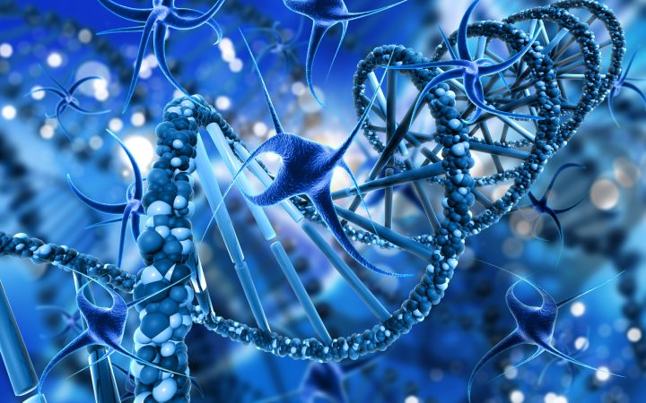 3D render of a medical background with abstract virus cells and DNA strands