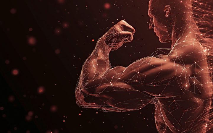 a man showing the power of his muscles, polygonal physique